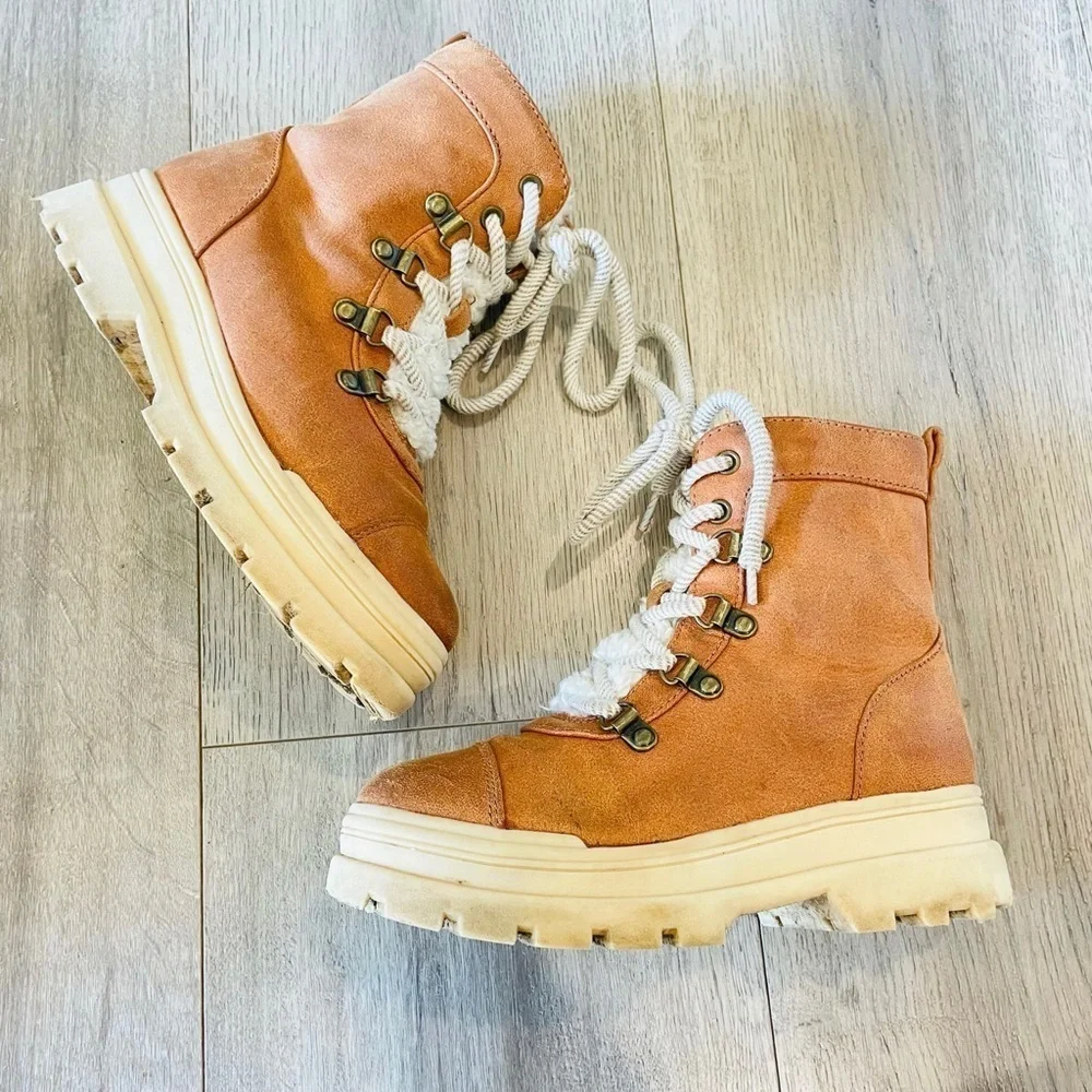 Art Class Girl’s Willa Zipper Lace-Up Combat Shearling Brown Faux Suede Boots 13